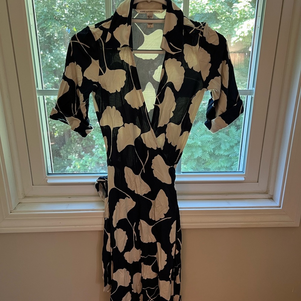 Navy blue DVF wrap dress with ginkgo biloba print